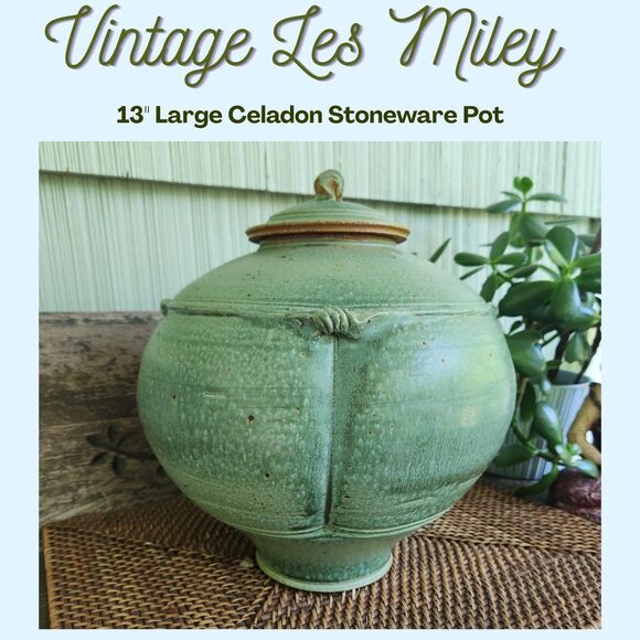 Les Miley Other - Vintage Stoneware Pot with Lid 13"H | Les Miley! Master Potter, Celadon Green